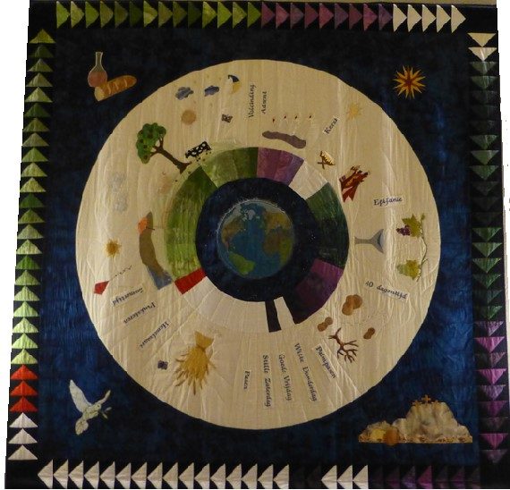 Quilt met het kerkelijk jaar: een cirkel met Advent, Kerst, Veertigdagentijd, Pasen en Pinksteren